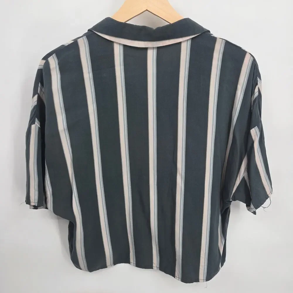 Small Button Shirt Top Gray White Beige Vertical Stripes Loose Boxy Casual - Picture 3 of 4